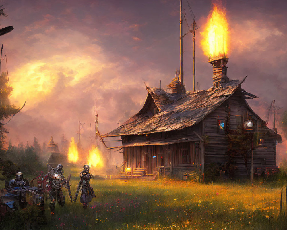 Medieval scene: wooden hut, knights, torches, tranquil field at dusk