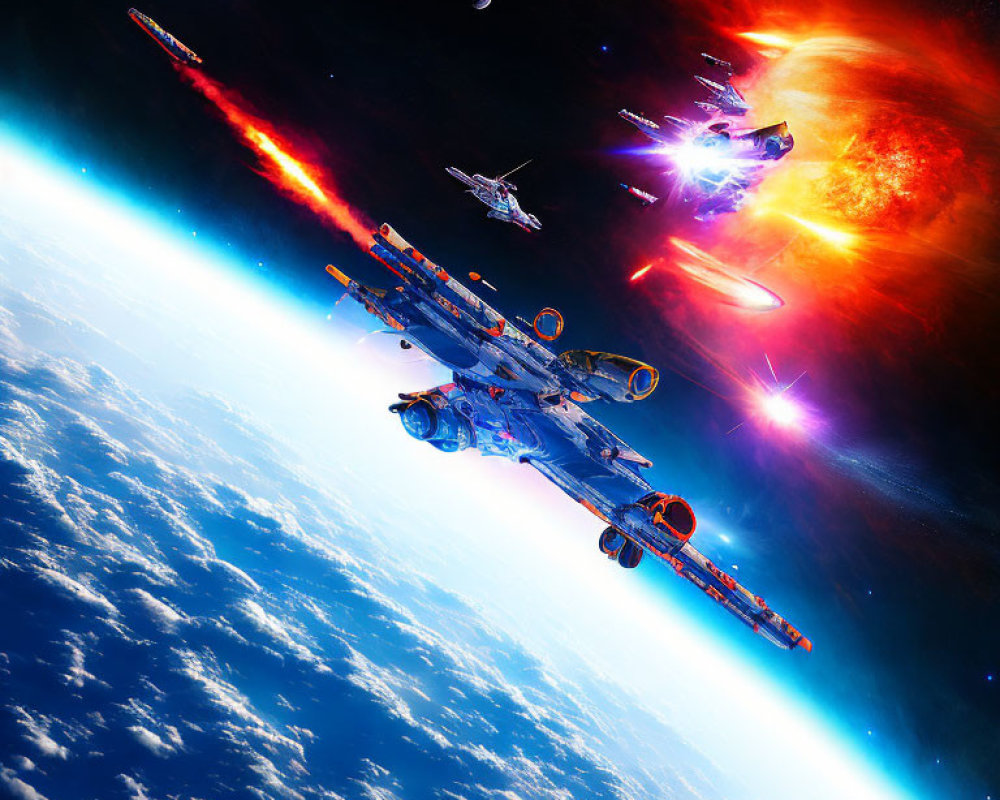 Colorful Nebula Backdrop: Dynamic Space Battle with Firing Spaceships