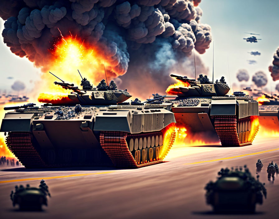 Futuristic digital artwork: Tanks on floating platforms in explosive scene