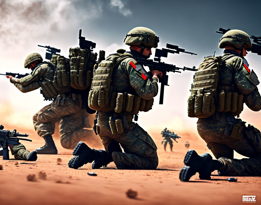 Three soldiers in combat gear advancing in desert with weapons drawn.