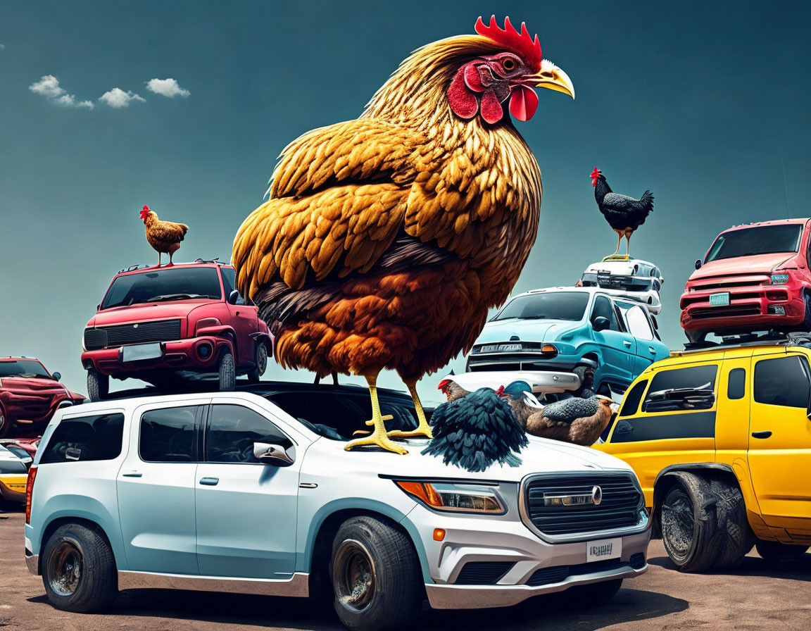 Giant Chicken on White SUV Surrounded by Vehicles with Small Chickens