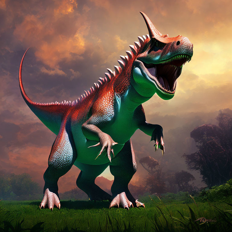 Colorful digitally-rendered dinosaur in misty prehistoric landscape