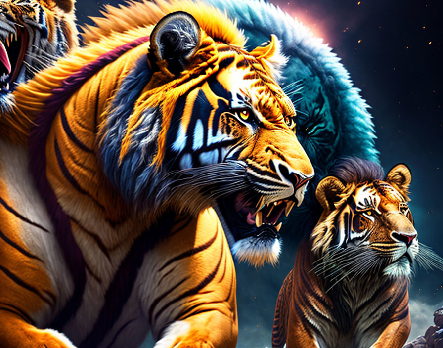 Detailed Illustration: Three Tigers, Roaring Tiger in Foreground, Starry Night Sky