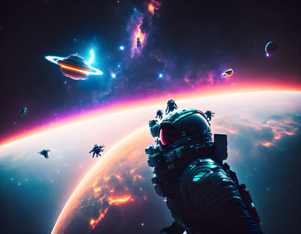 Colorful sci-fi scene with floating astronauts, spaceships, and distant planets against cosmic nebula.