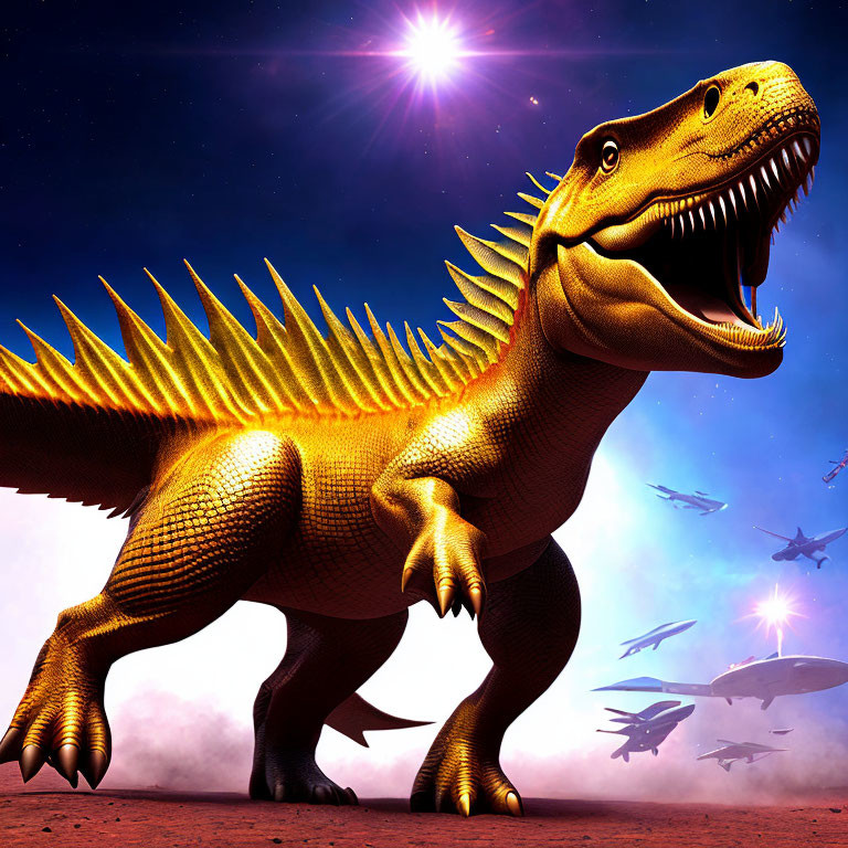 Roaring T-Rex with Spines, Fighter Jets, Starry Sky