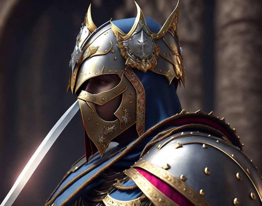 Golden-armored knight with sword in shadowy backdrop