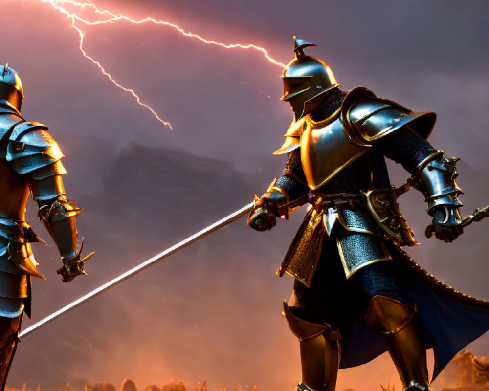 Medieval knights in armor with sword and flail under lightning bolt.