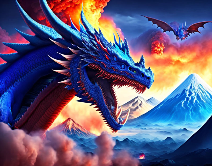 Fantasy Art: Blue Dragon Breathing Fire with Second Dragon in Icy Mountain Sky