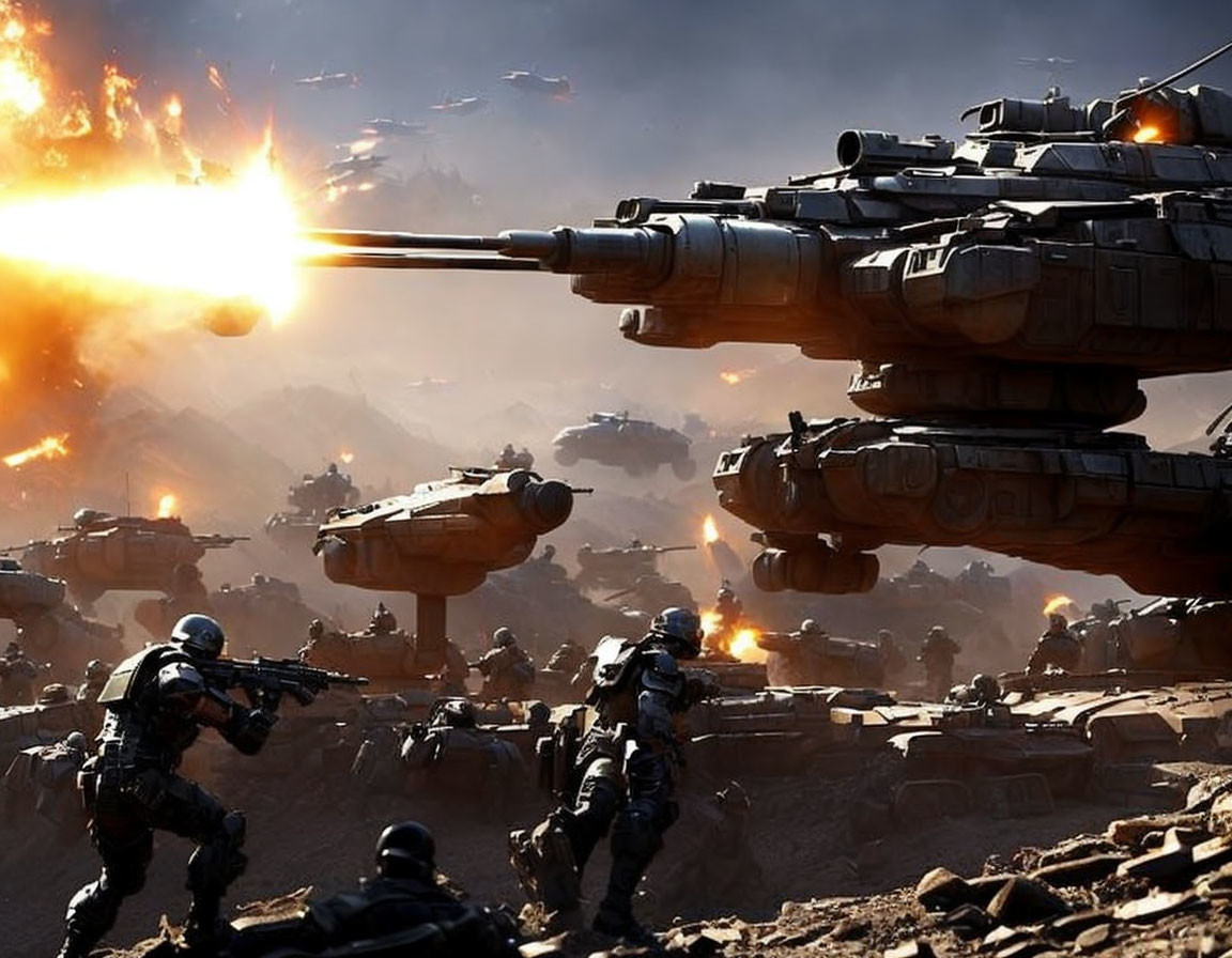 Futuristic tanks and soldiers in fierce battle scene