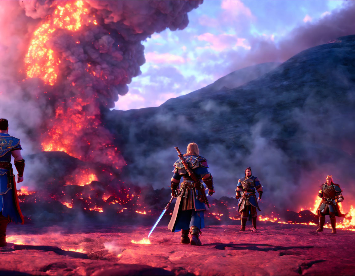 Animated warriors near erupting volcano with sword in fiery landscape