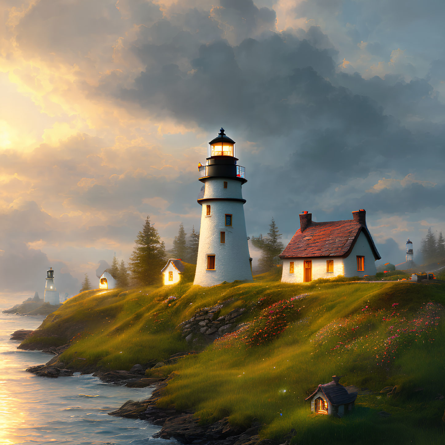 Coastal cliff sunset with lighthouse, houses, and wildflowers