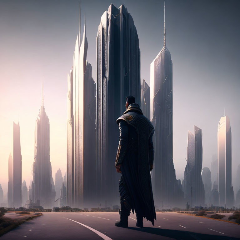 Solitary figure in cloak on road among futuristic skyscrapers