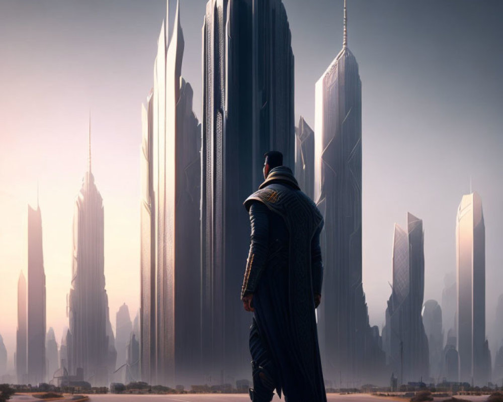 Solitary figure in cloak on road among futuristic skyscrapers