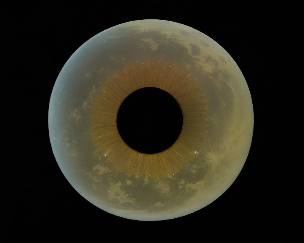 Circular black hole in textured gold ring on black background