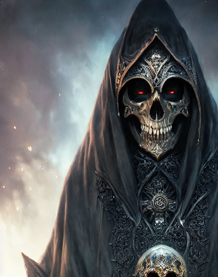 Hooded figure with skull face and glowing eyes in metallic armor holds sphere