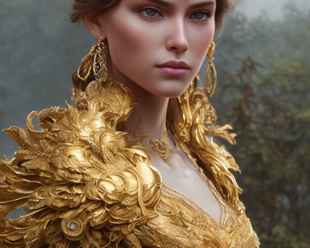 Intricate golden headpiece and shoulder armor on woman in misty background