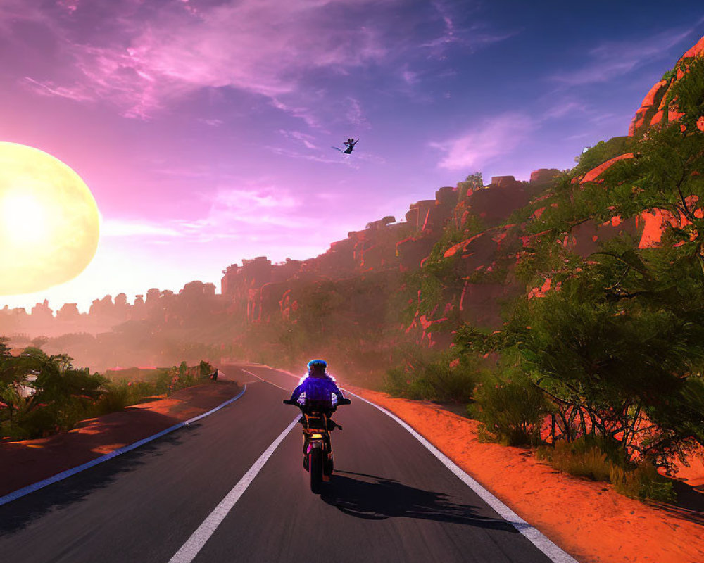 Motorcyclist riding through red canyon landscape at sunset