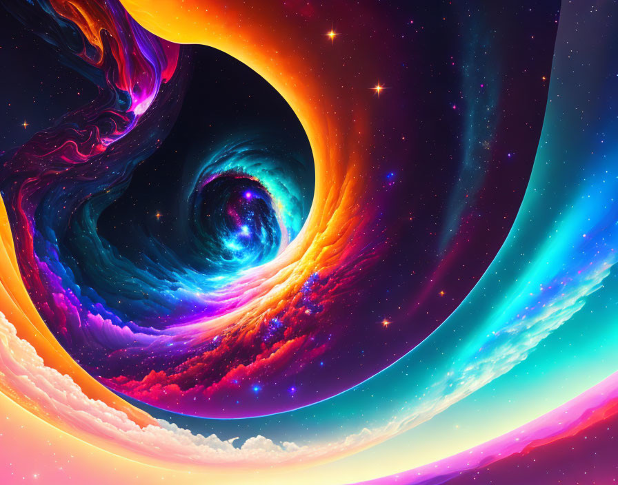 Colorful cosmic digital artwork with swirling galaxy and twinkling stars