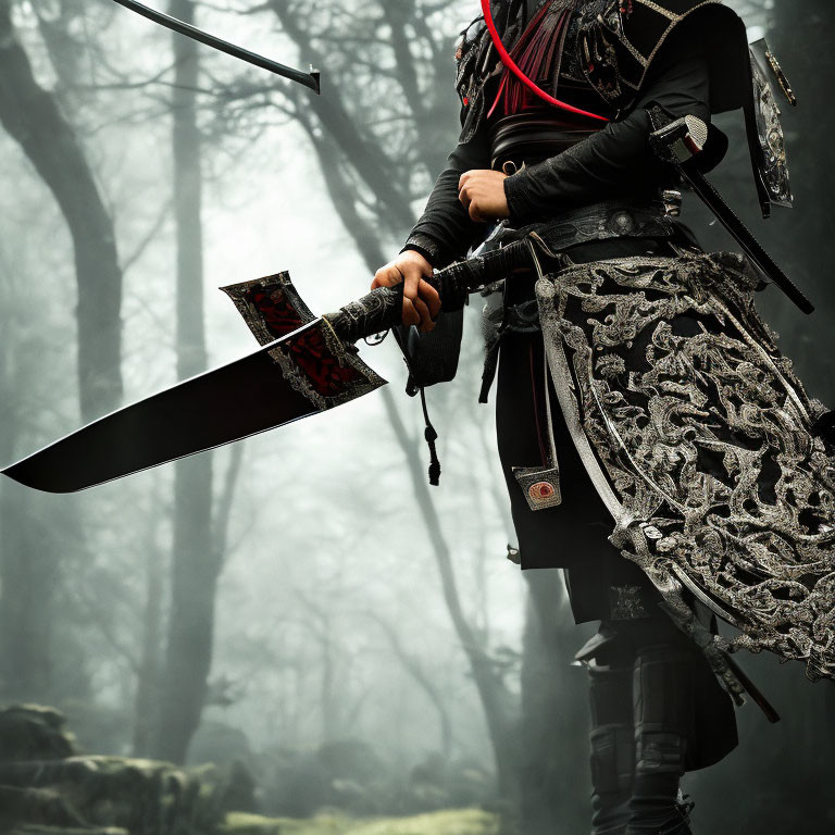 Ornate-armored warrior with red-tasseled sword in misty forest