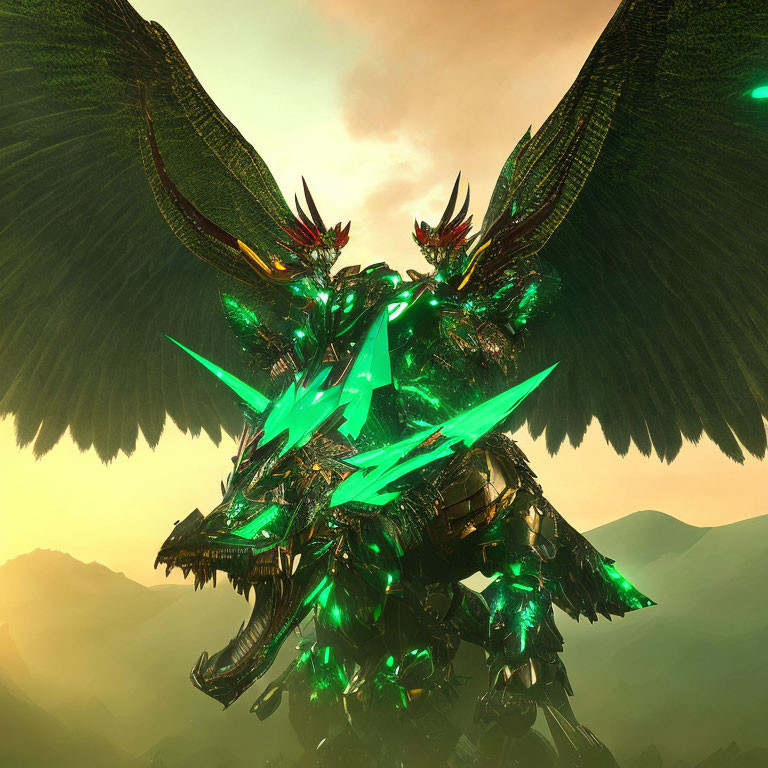 Green Crystal-Armored Dragon with Glowing Eyes and Neon Energy