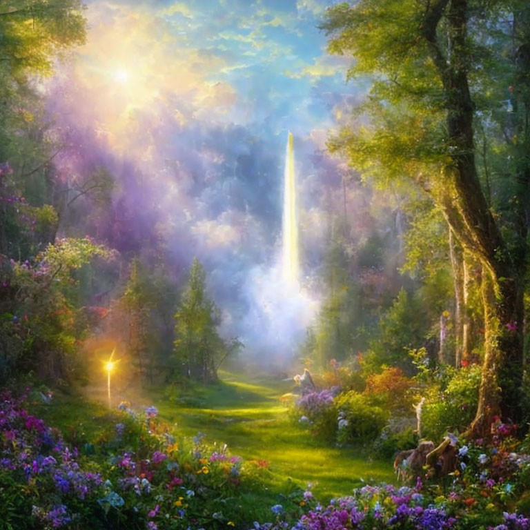 Enchanted forest with waterfall, flowers, and glowing lanterns