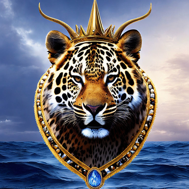 Leopard with golden crown and jewelry pendant on stormy sea background