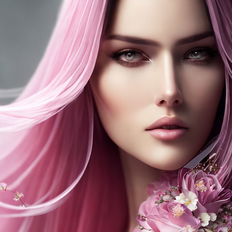 Detailed portrait of woman with pink hair and floral accents