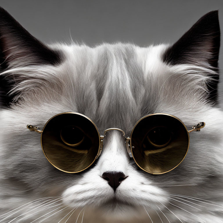 Fluffy white and grey cat in round golden sunglasses on grey background