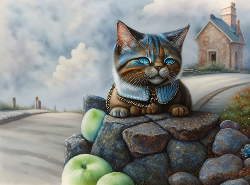 Illustration of cat with human-like face on stone wall with apples and country road scene.