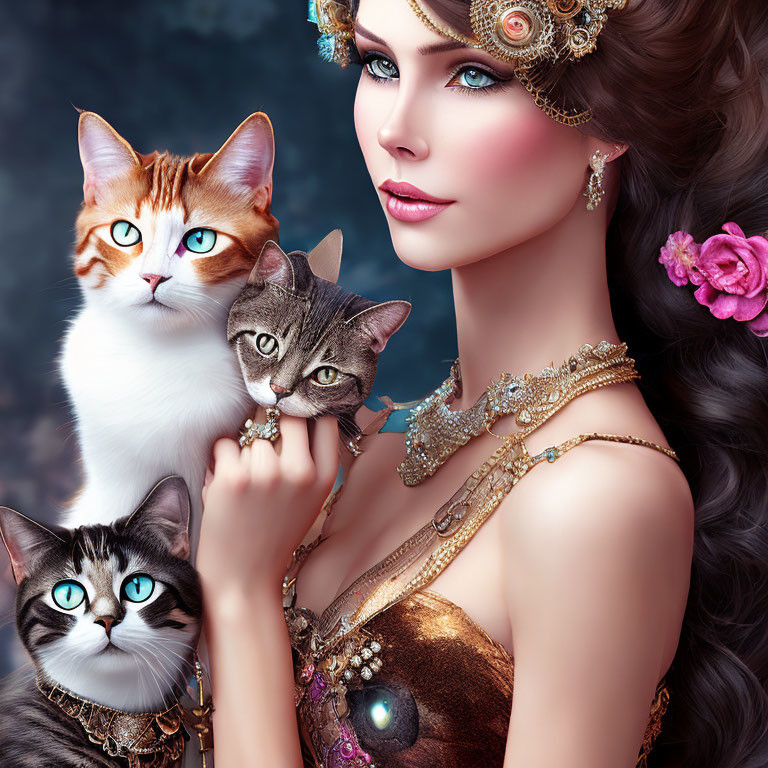 Woman with elaborate jewelry posing with three cats of vibrant eye colors