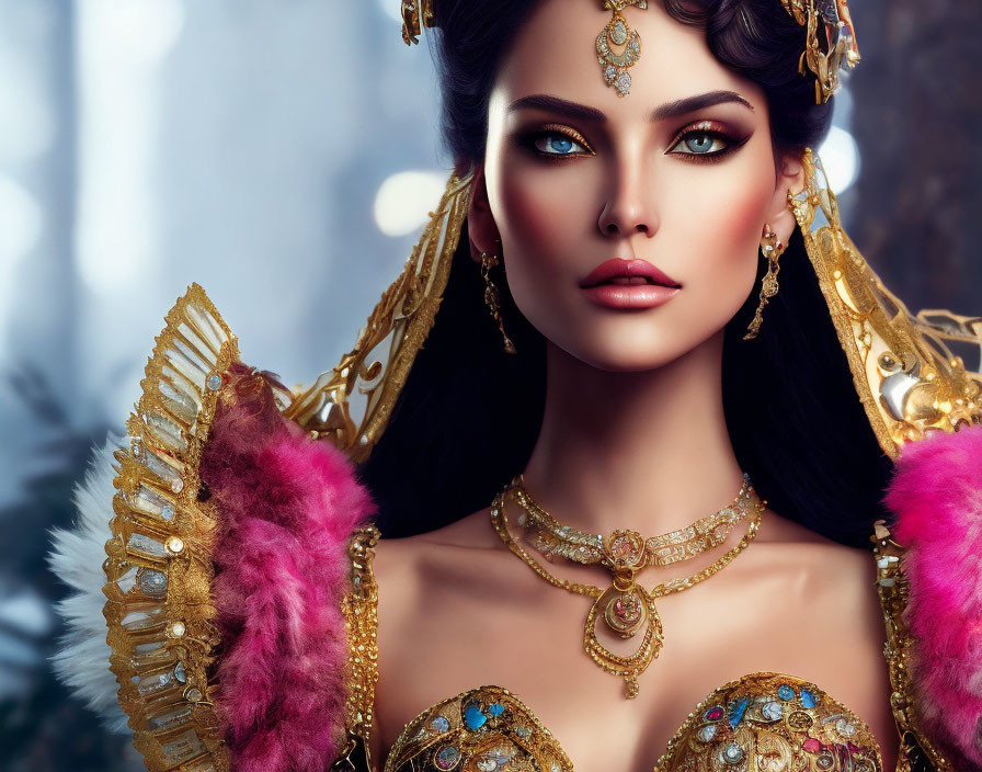 Elaborate Golden Jewelry and Luxurious Dress on Regal Woman