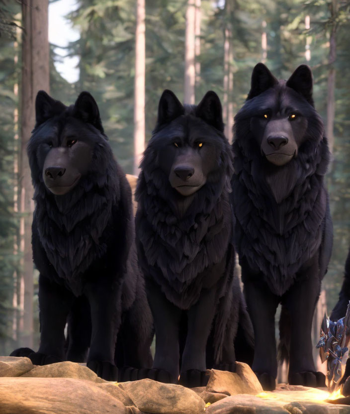 Three black wolves in forest showing strength and unity