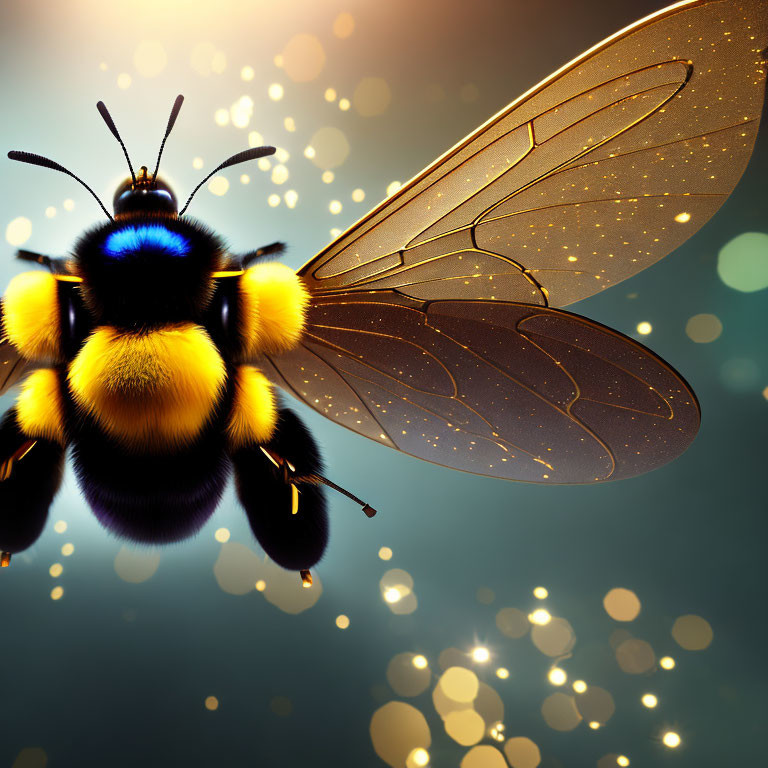 Detailed Close-Up of Bumblebee in Flight with Translucent Wings