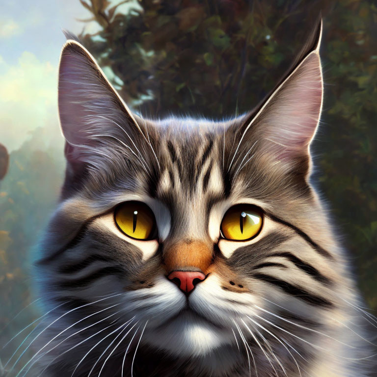 Detailed digital illustration of tabby cat with yellow eyes and fur patterns