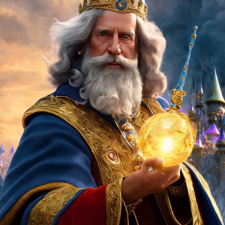 Bearded king in royal blue and gold robes with glowing orb and castle in background