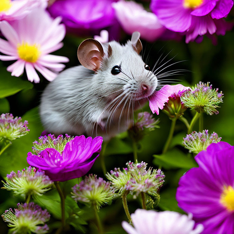 Gray Mouse Among Pink and Purple Flowers with Greenery Background