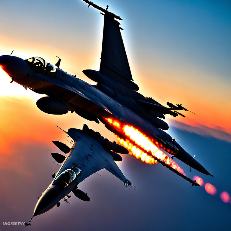 Military fighter jets flying with ignited afterburners in sunset sky.