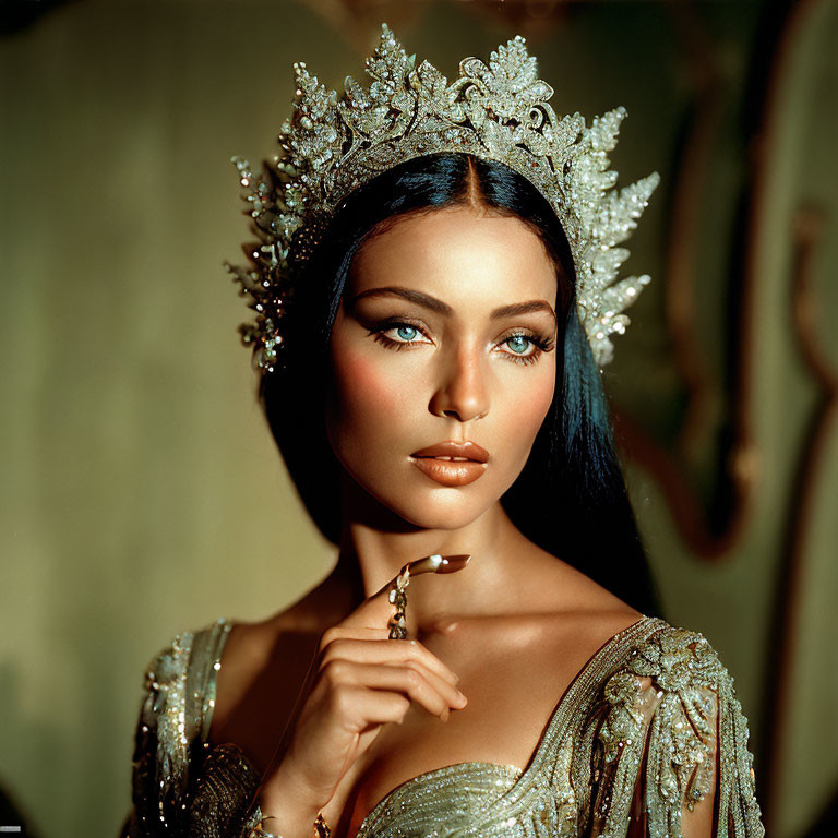 Woman with Striking Blue Eyes in Crown and Golden Outfit