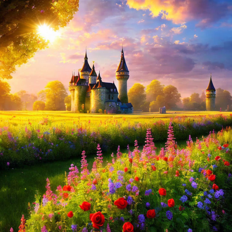 Majestic fairytale castle in vibrant floral landscape with warm sun glow.