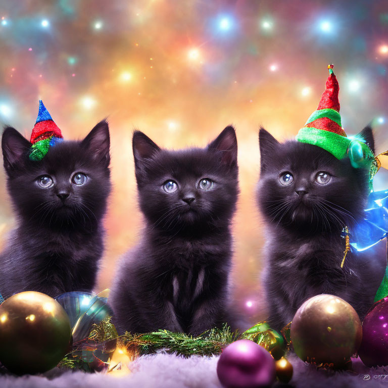 Three black kittens with party hats and Christmas ornaments on colorful, sparkling backdrop