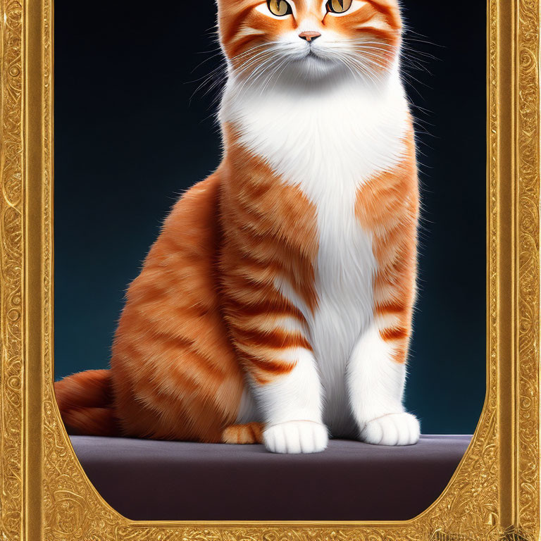 Orange and white cat in ornate golden frame on dark blue background