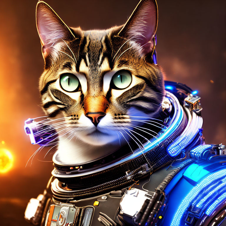 Tabby Cat in High-Tech Suit with Green Eyes on Amber Background