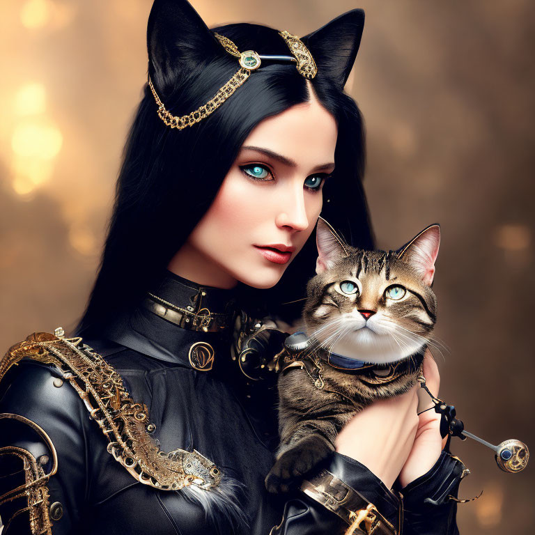 Stylized woman and cat in black costumes with gold accents and green eyes