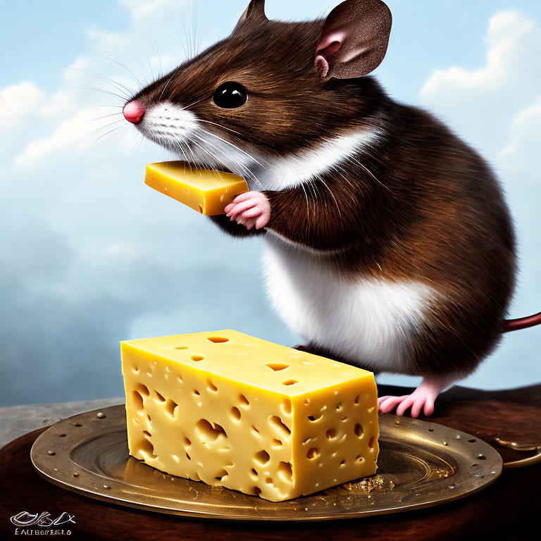 Anthropomorphic mouse with cheese on wooden platform against cloudy sky