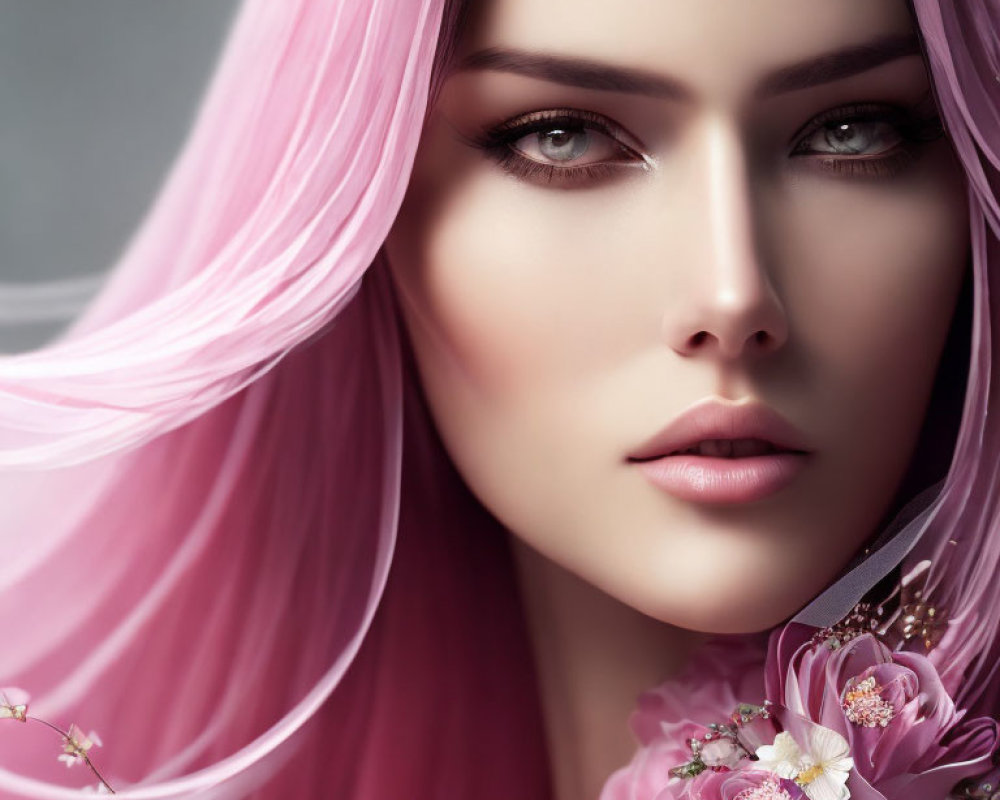 Detailed portrait of woman with pink hair and floral accents