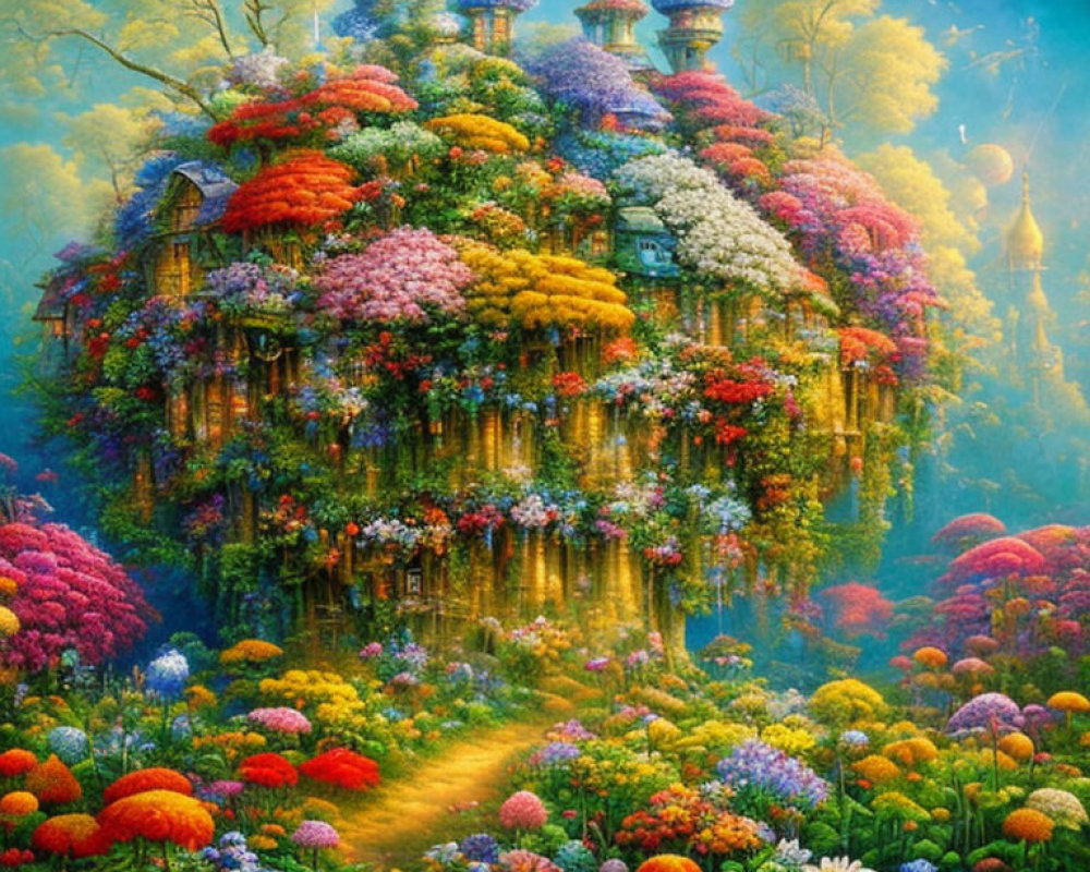 Whimsical treehouse painting with vibrant colors