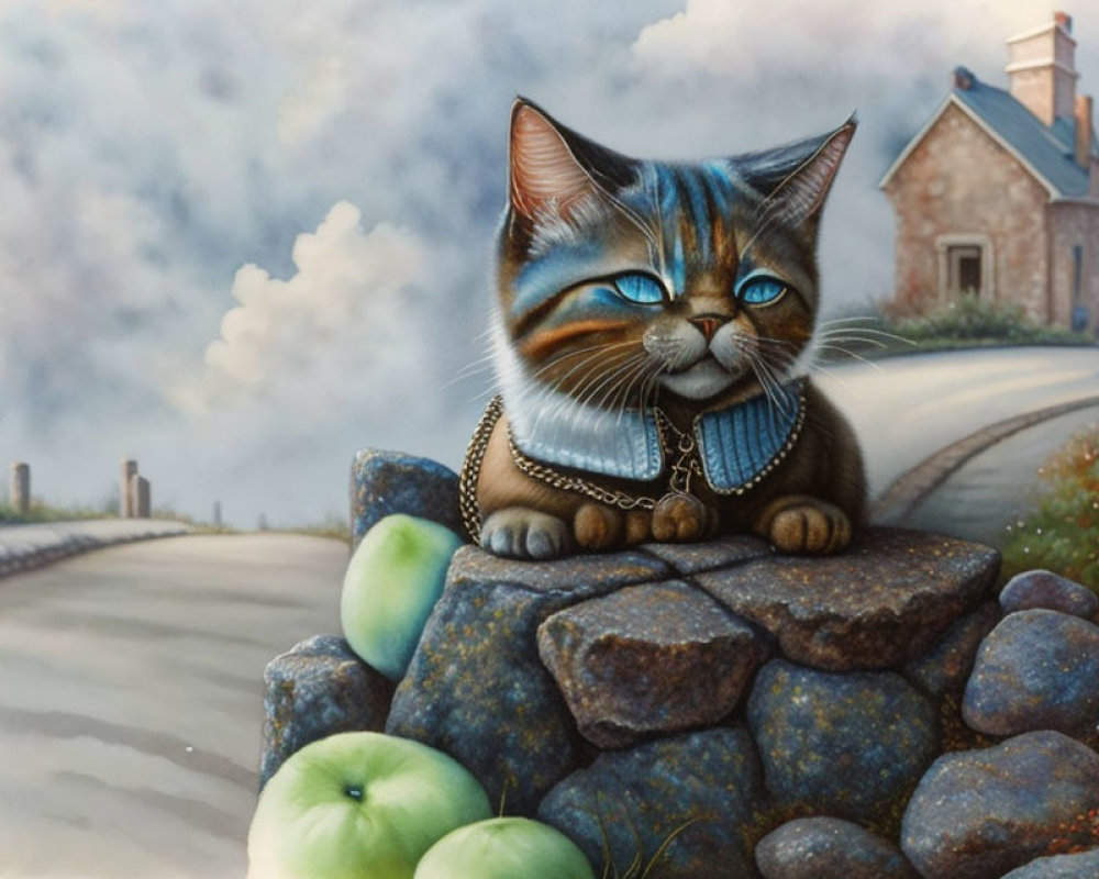 Illustration of cat with human-like face on stone wall with apples and country road scene.