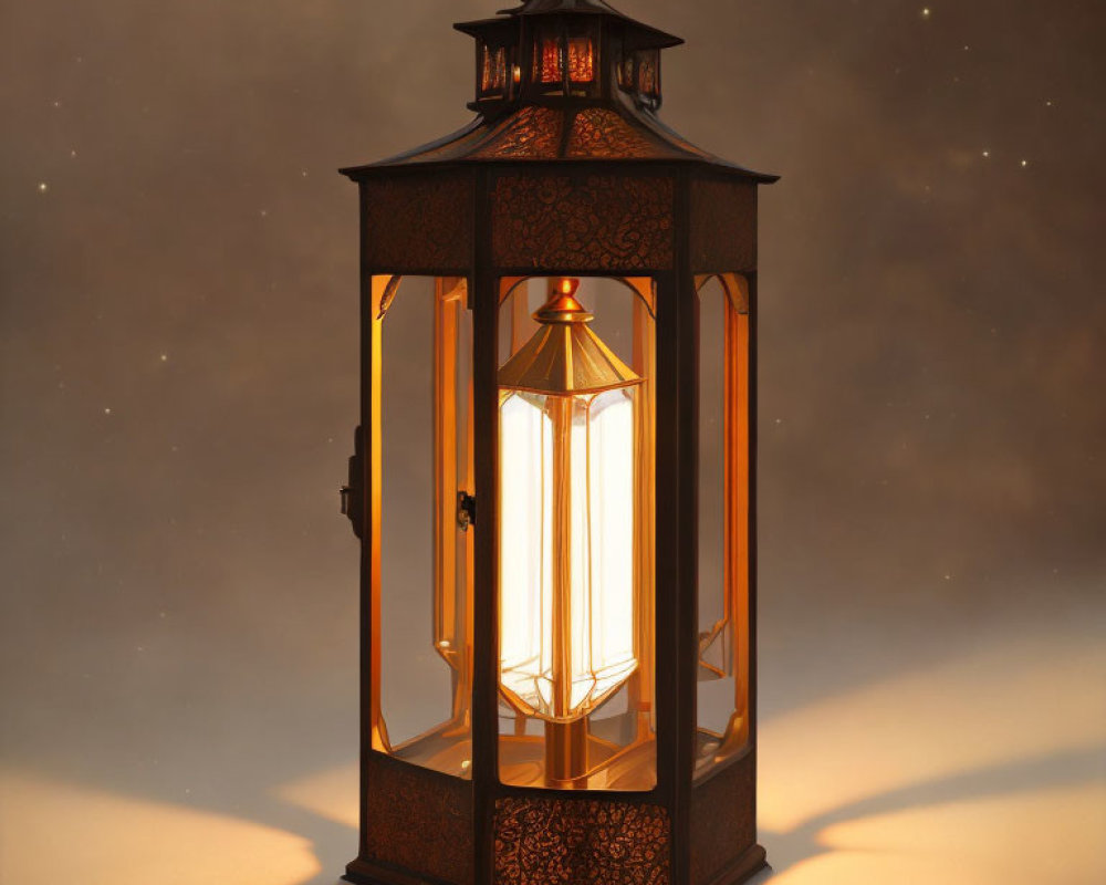 Vintage lantern with ornate metalwork and glowing bulb on dusky backdrop.