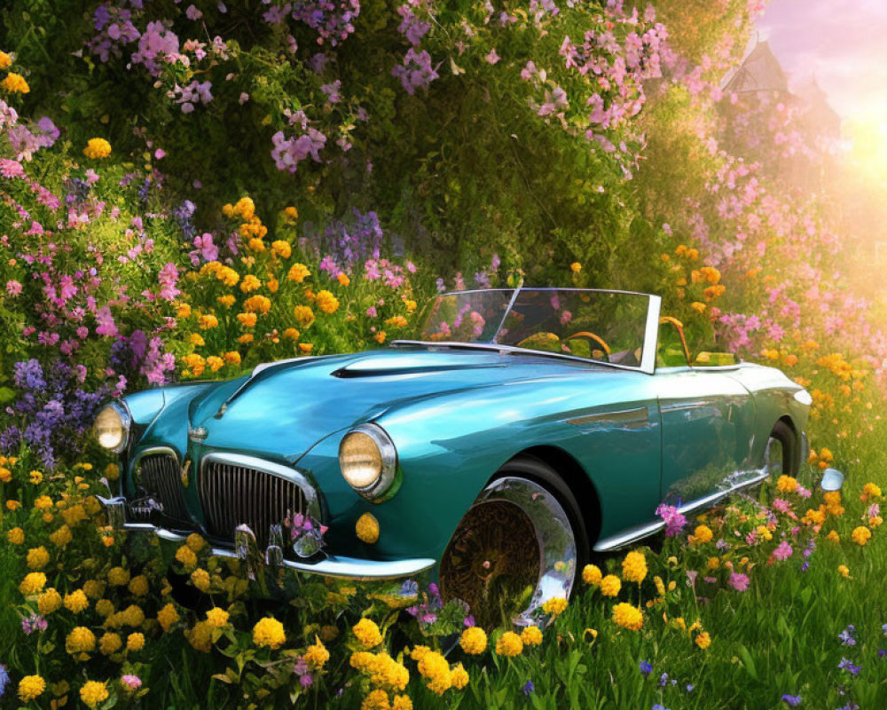 Vintage teal convertible in vibrant wildflowers with sun glow and quaint house.