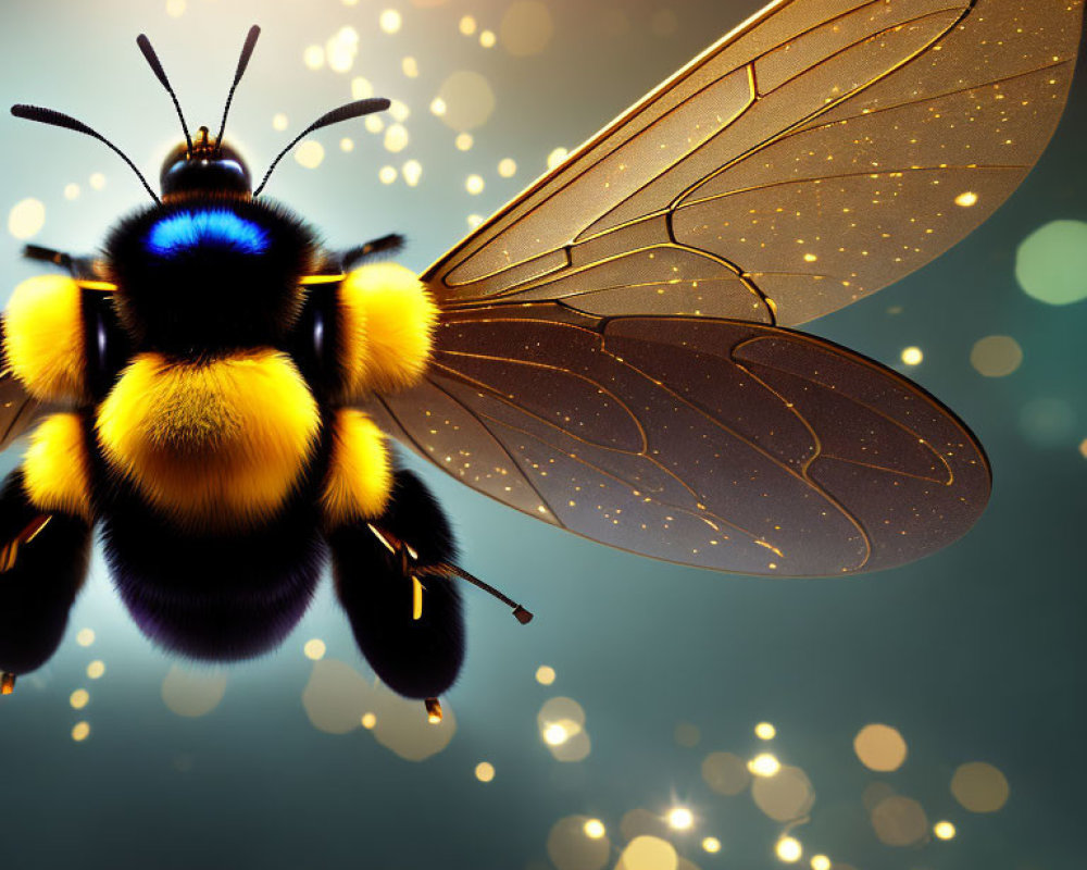 Detailed Close-Up of Bumblebee in Flight with Translucent Wings